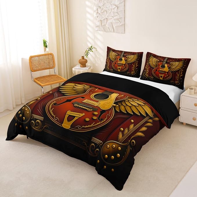 Erosebridal Guitar Comforter Cover Full Luxury Angel Wings Guitar Bedding Set Vintage Baroque Style Room Decor Duvet Cover,Youth Rock Roll Music Bed Set