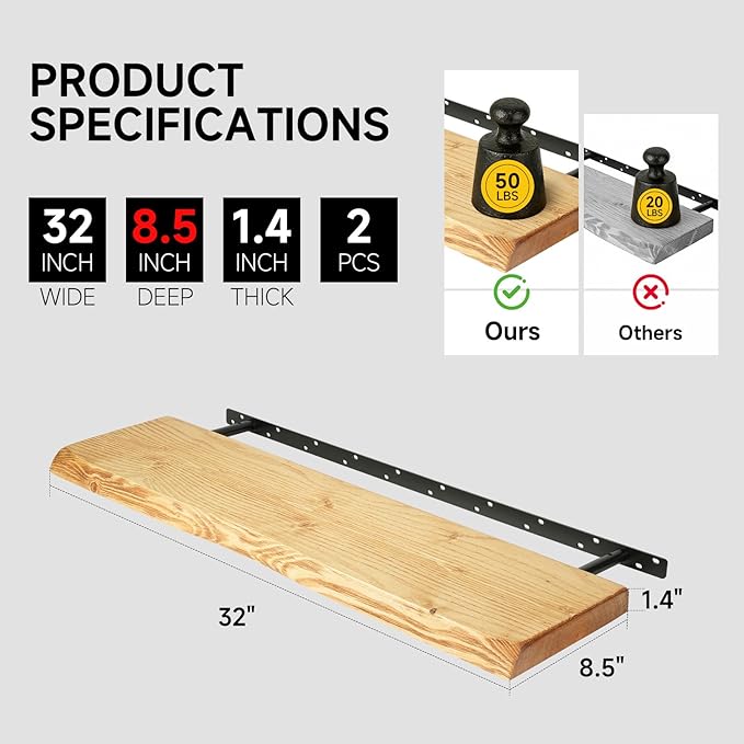 32 Inch Wooden Floating Shelves for Wall Set of 2, Finnish Spruce Solid Wood Shelf, Natural Wood Floating Shelves for Living Room, Bathroom, Bedroom, Kitchen, Natural Finish