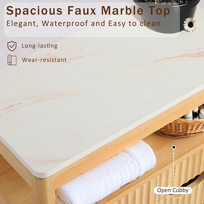 Fluted Floor Bathroom Cabinet with Sliding Door, Modern 3 Drawers Storage Organizer with Adjustable Shelf, Mid Century Bathroom Cabinet with Curved Edge for Bathroom Dining Room (Natural Oak)