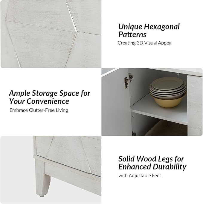 HULALA HOME Modern Kitchen Buffet Cabinet Storage Sideboard with 3D Geometric Design, Freestanding Floor Cabinet with 3 Doors & 2 Adjustable Interior Shelves for Living Room Dining Room Hallway, White