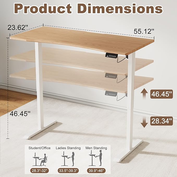 Solid Wood Electric Standing Desk 55"x23.6"Home Office Desk,Adjustable Workbench with 3 Stages Single Motor, Computer Workstation with T-Shaped Metal Bracket,Walnut Standing Table for Gaming(1 Box)