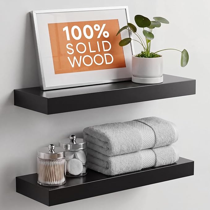 Homeforia Black Floating Shelf 20 inch, High End Solid Real Wood 20inch Bathroom Floating Shelves for Wall Mounted, Black Wooden 20in Floating Shelves, Heavy Duty Bracket, 20 X 6.5 X 1.75 in, Set of 3