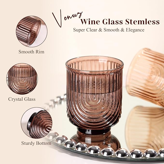 Venus Vintage Drinking Glasses Set of 6-15oz Hand-Blown Highball Ribbed Glassware, Arch Design Cocktail Glasses for Whiskey Water Beverages Ice Coffee Juice Milk