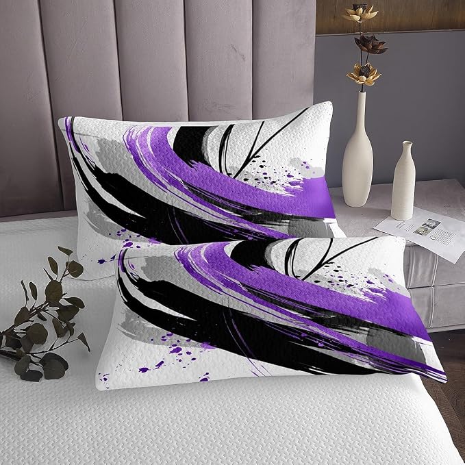 Erosebridal Black and Purple Quilt Set | Geometric Striped Coverlet Set for Girls Modern Contemporary Art Bedspread Sets Boys Adults Boho Minimalist Aesthetic Art Quilts Queen 3 Pieces