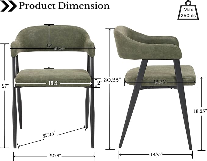 HNY Modern Dining Room Arm Chairs Set of 4, Green Retro Faux Leather Upholstered Barrel Dining Chairs with Arms Mid-Century Accent Chair with Metal Legs, Open-Back Kitchen Side Chairs for Living Room