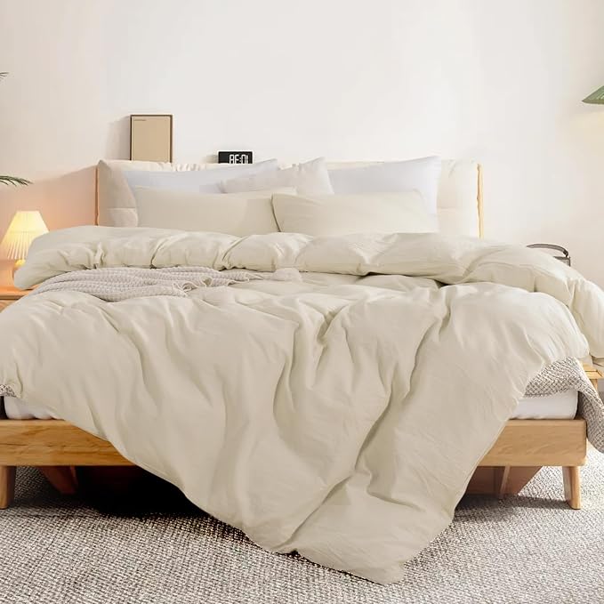 NEXHOME PRO Duvet Cover Set Queen Size Linen Feel Textured Cream Grey Organic Natural 100% Washed Cotton Duvet Cover 3 Pieces Bedding Set with Zipper Closure, Breathable, Soft (No Comforter)