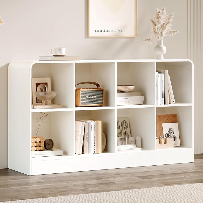 EXPERLAM White 8 Cube Storage Organizer with Rounded Edges and Reinforced Base, Low Horizontal Cube Bookshelf, Wooden Cube Shelf Bookcase for Living Room, Kids Room, Bedroom, TV Stand