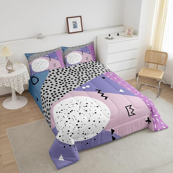 Manfei Memphis Comforter Set King Size, Abstract Geometric Retro Bedding Set 3pcs for Kids Girls Room Decor, 80s or 90s Fashion Style Quilt Set Soft Polyester Duvet Set with 2 Pillowcases