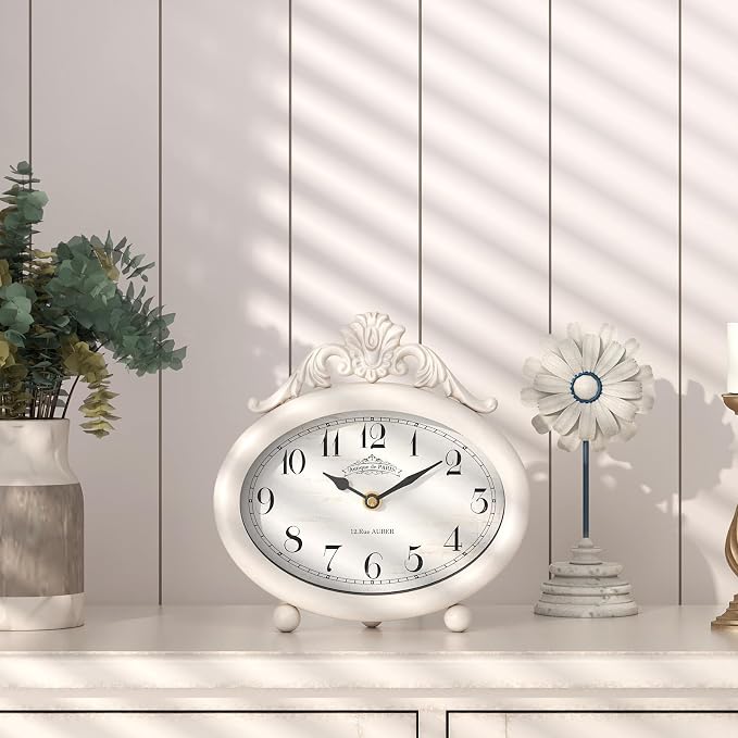 Vintage Table Clock, Desk and Shelf Decor Clock, French Rustic Antique Style White Mantel Clocks, for Farmhouse, Living Room, Bedroom, Bedside, Gift (7.87" H x 7.87" W)