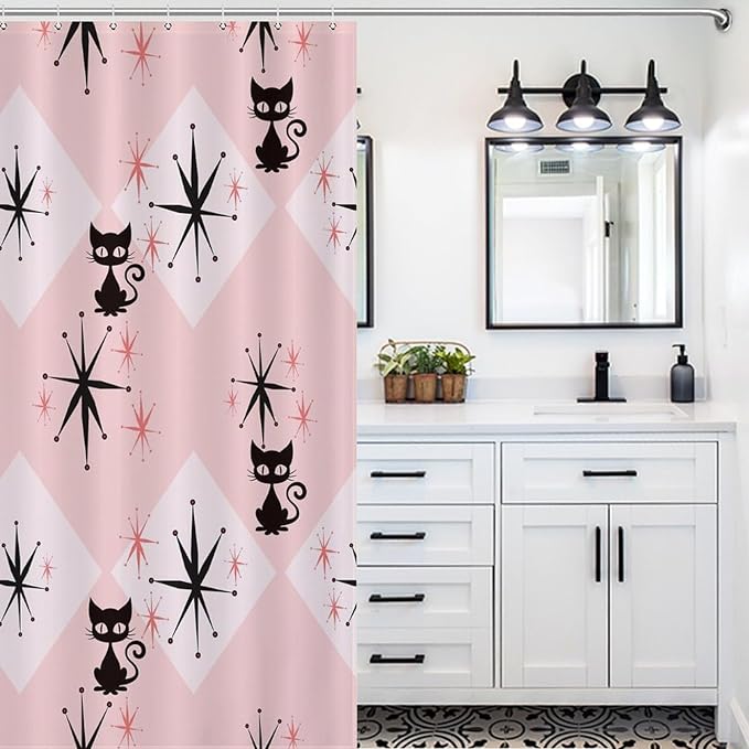 Mid Century Modern Shower Curtain,Pink Retro Atomic Cat Abstract Geometric 1960s Fabric Bathroom Decor Curtains with Hooks 66x72in（168x183cm）