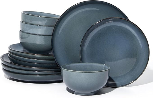 Santorini Mist Terracotta Reactive Glaze Plates and Bowls Sets, Stoneware Dinnerware Sets, Microwave and Dishwasher Safe Ceramic Dish Set Service for 4, Jeans Blue