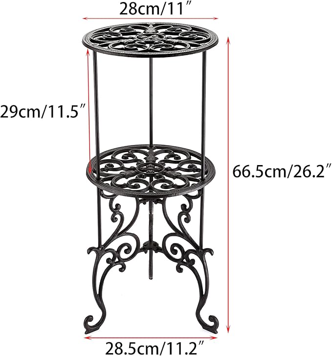 OwnMy Heavy Duty 2 Tiers Cast Iron Plant Stand, Vintage Iron Flower Pot Holder, 2 Layers Tall Decorative Potted Plants Stand Rack, Indoor Outdoor Large Plant Holder for Garden Patio, Retro-Brown