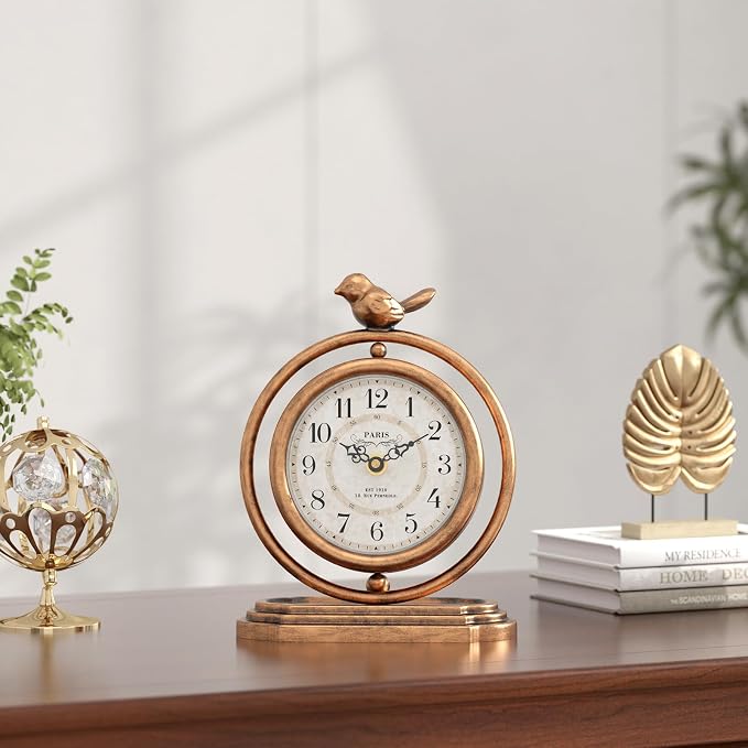 Gold Vintage Table Clock with Bird, European Retro Style Mantel Clocks, Desk and Shelf Decor Clock, for Living Room, Farmhouse, Bedside, Bedroom, Gift (7.9" H x 6.3" W)