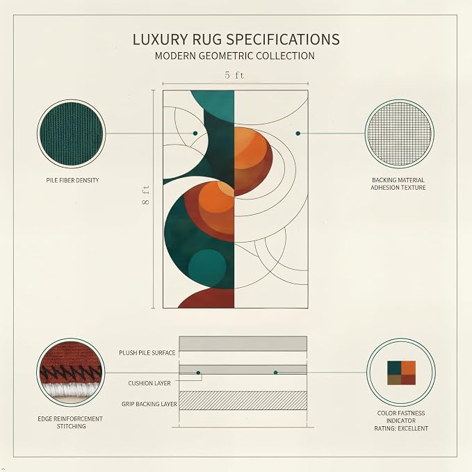 Mid Century Geometric Area Rug 5x8 – Retro Abstract Circle Pattern Rug for Living Room & Bedroom, Low Pile Washable Indoor Rug with Non-Slip Backing