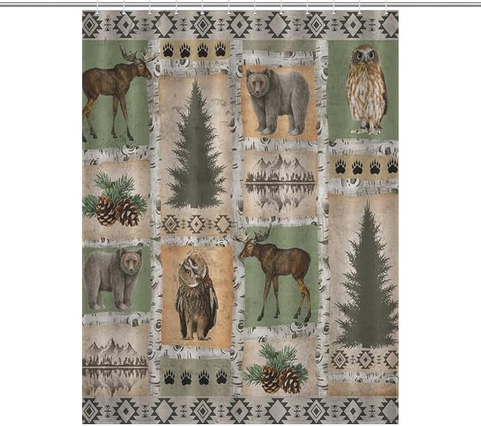 Vintage Bear Country Shower Curtains, Woodland Wildlife Paw Print Dried Branches Patchwork Waterproof Shower Curtains for Bathroom Decor 12 Pack Hooks 55x72in（140x183cm）