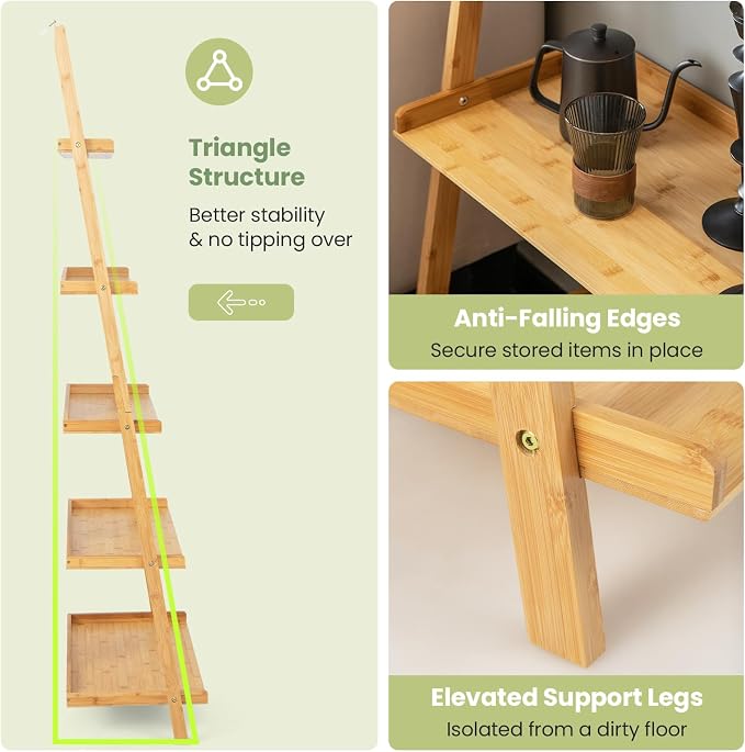 Tangkula 5-Tier Ladder Shelf Bookcase, Bamboo 72”H Wall-Leaning Bookshelf with Baffles and Anti-Tipping Kits, Plant Stand for Living Room Bathroom Home Office Decor, Ladder Bookshelf, Natural
