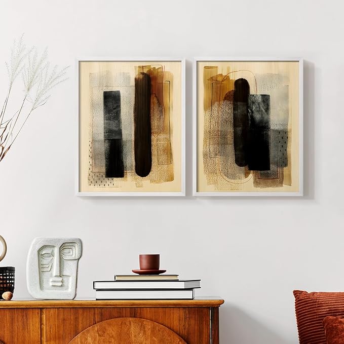 Renditions Gallery Set of 2 Peel & Stick Framed Prints, Pattern Abstract Wall Art, Burnt Toast Pattern Wall Decor, Re-Stickable - Ready to Hang - 8"x10" - White Frame LT588