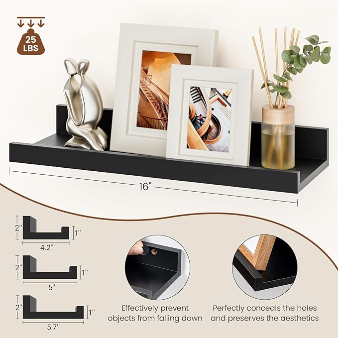 Heimlove Floating Shelves Set of 6, 16" Wall Mounted Picture Ledge, Display Shelf Organizer for Decor Storage, Wall Mounted Shelves for Living Room, Bedroom, Bathroom, Kitchen (Black)
