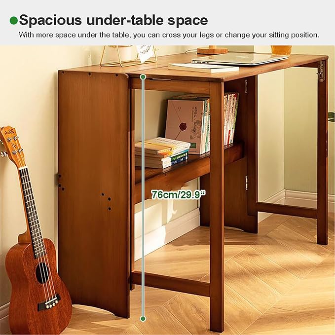 Solid Wood Folding Desk Walnut,Mid Century Modern Desk,Foldable Writing Computer Desk for Home Office,Study Desk with Storage Shelf for Small Spaces