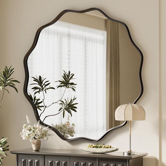 VooBang Black Scalloped Large Circle Mirror, 42" Wavy Edge Round Wall Mirror with Tempered Glass Textured Circular Metal Deep Frame, Hanging Leaning for Bathroom, Hallway, Entryway, Livng Room