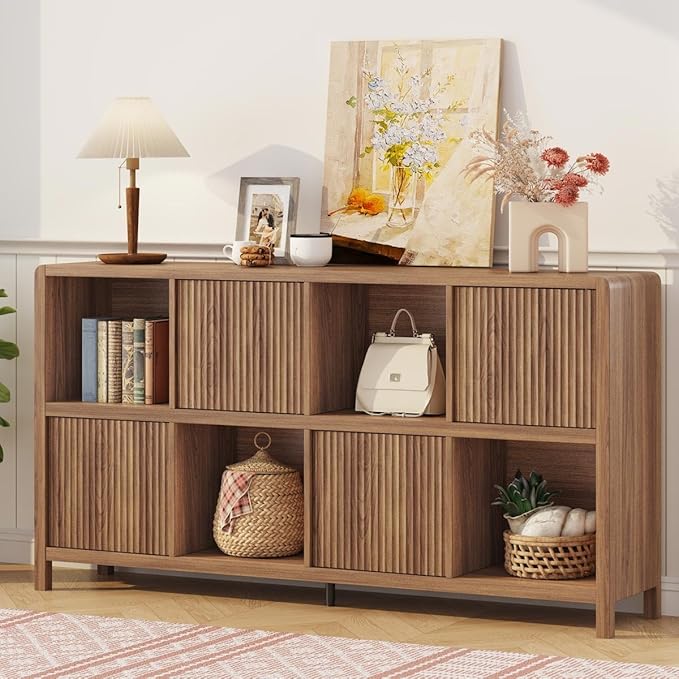 FATORRI 8 Cube Bookcase with 4 Doors, Wood Bookshelf with Storage Cabinet, Low Horizontal Storage Book Shelf for Living Room, Home Office, Dining (57 Inch Walnut)