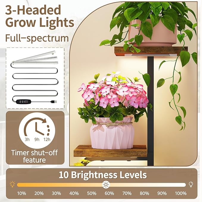 LASZOLA Black 5 Tiered Tall Wood and Metal Plant Stand Indoor with with Grow Lights, Large Heavy Duty Multi Level Vertical Planter Rack for Corner, Sturdy Rustic Tall Flower Shelving Holder for House