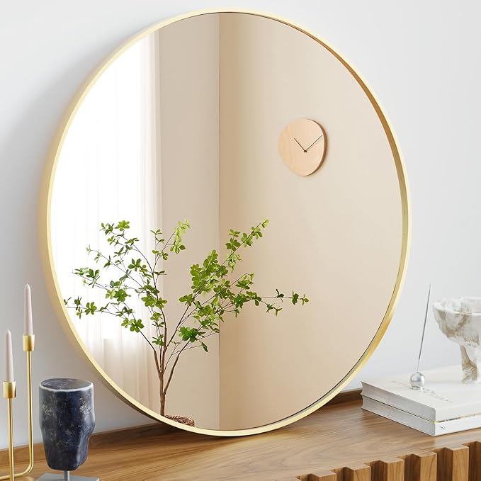 NEWBULIG Round Bathroom Mirror for Over Sink, 36 Inch Wall Mount Vanity Circle Mirror with Matte Metal Framed, Decor for Bathroom, Entryway, Bedroom, Gold