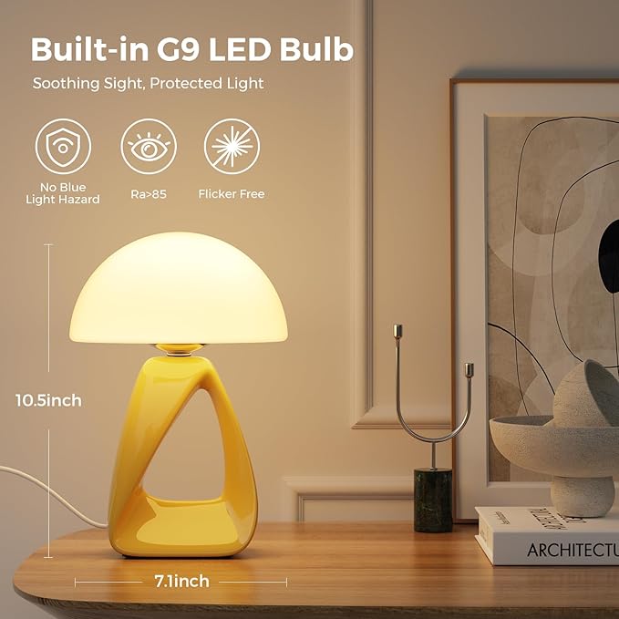 Mushroom Lamp, Small Table Lamp for Bedroom, Creative Geometric Ceramic Base Bedside Lamp, Mid Century Modern Side Table Lamp for Living Room Nightstand, Unique Aesthetic Home Decor Gift Ideas, Yellow