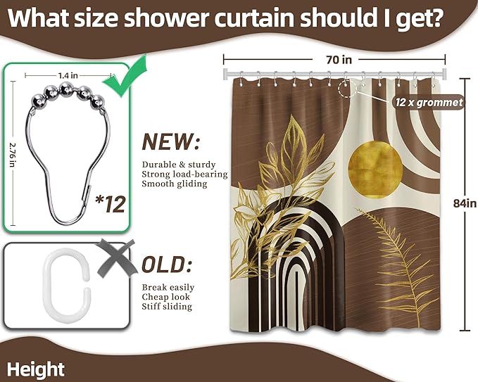 Mid Century Modern Black and Brown Shower Curtain Boho Beige and Dark Tan Gold Shower Curtains for Mens Bathroom Decor Sets, Waterproof Cloth Fabric with Hooks, 70x84in