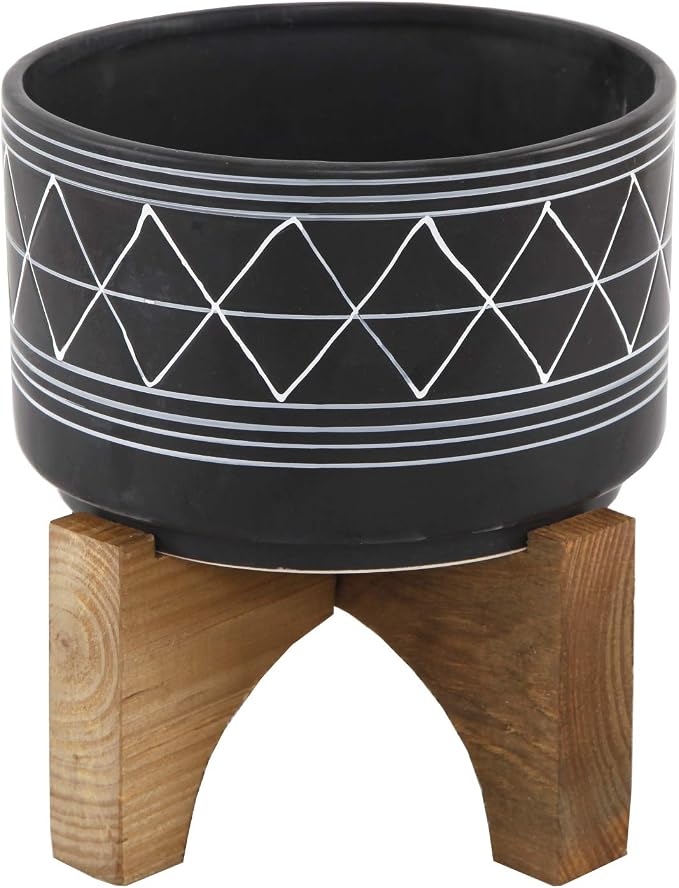 Flora Bunda 7 Inch Black White Line GEO Ceramic ON Stand Mid Century,7" Black/White Line