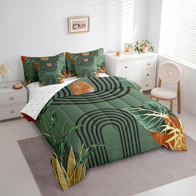 Erosebridal Mid Century Green Twin Comforter Set with Sheets 7 Piece Boho Minimalist Aesthetic Bed in A Bag Modern Plant Botanical Palm Leaf Bedding Sets Abstract Retro Geometric Neutral Bed Set