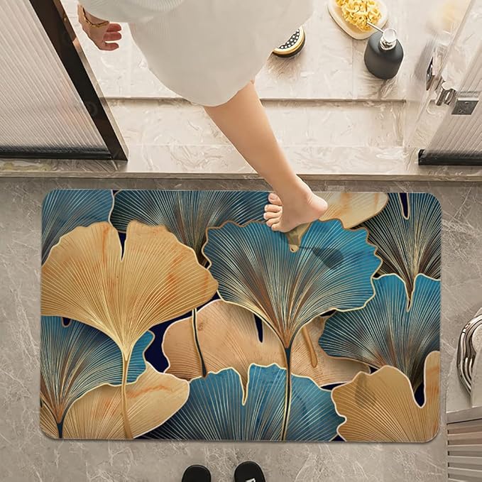 Bath Mat Rug,Gold Ginkgo leafNon Slip Quick Dry Super Absorbent Thin Bathroom Rugs Fit Under Door-Easy to Clean Bathroom Floor Mats-Shower Rug for Shower Sink Bathtub(16" x 24"in)