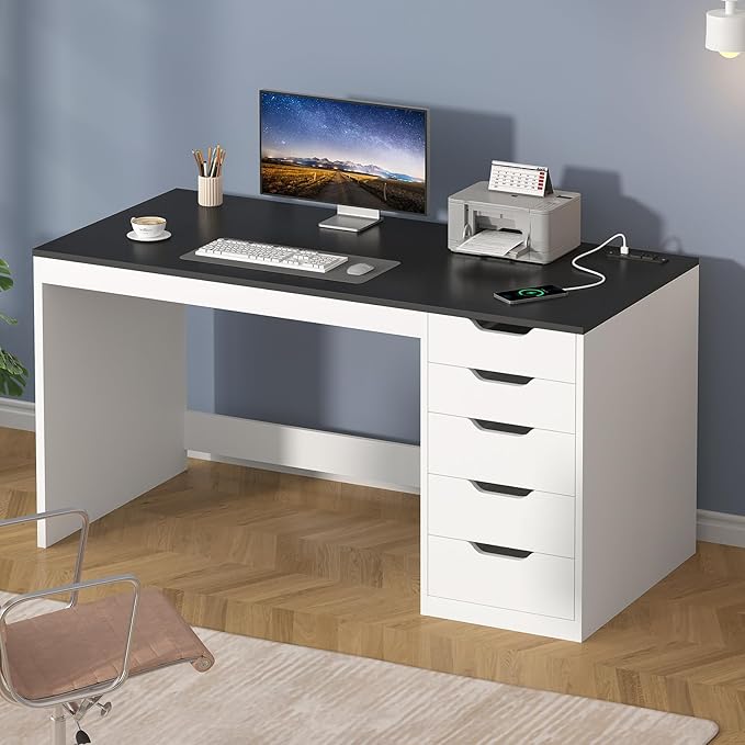 YOMILUVE 47 Inch Computer Desk with 5 Drawers and Power Outlets, Home Office Desks with Storage File Cabinet, Modern Simple Laptop Desk Writing Table for Small Spaces, Black and White