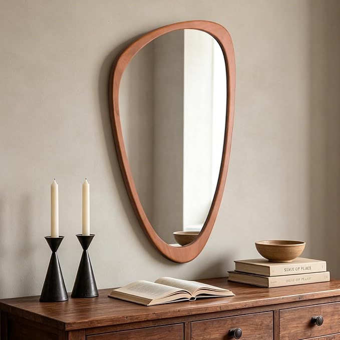 HOMECOOKIN 36" H x 23" W Asymmetrical Mirror, Irregular Wooden Wall Mirror for Bedroom, Living Room,Entryway– Boho Mid-Century Modern Decorative Mirror, Solid Wood Frame, Pebble Shaped Design (Walnut)