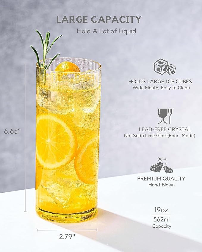 Colored Ribbed Highball Glasses Set of 4, Vintage Iced Tea Glassware, Tall Collins Glasses for Mojitos, Water, or Cocktails, Lightweight Lead-Free Crystal Drinkware (Style 2)