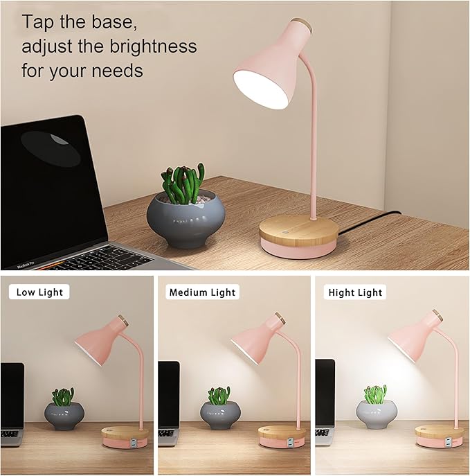 LALISU Metal Desk Lamp Wireless Charging Table Lamp Touch Reading Lights Arc Desk Lamps for Bedroom, 3 Way Dimmable Bedside Lamp with USB Charging Ports Lamp for Study Room and Office (Touch-Pink)