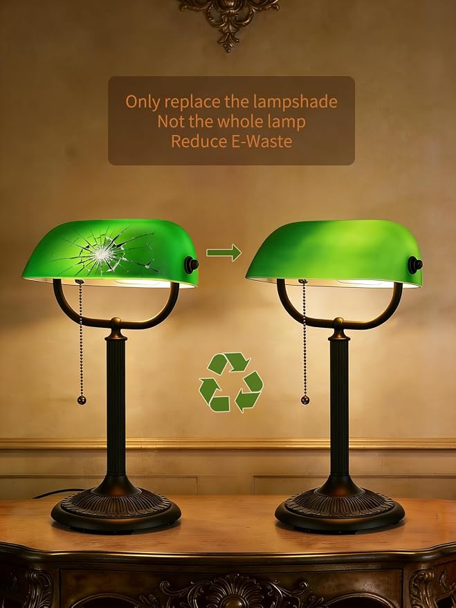 1-Minute Quick-Change Shade Antique Green Glass Bankers Desk Lamp for Study, Office, Library,LED Bulb Included