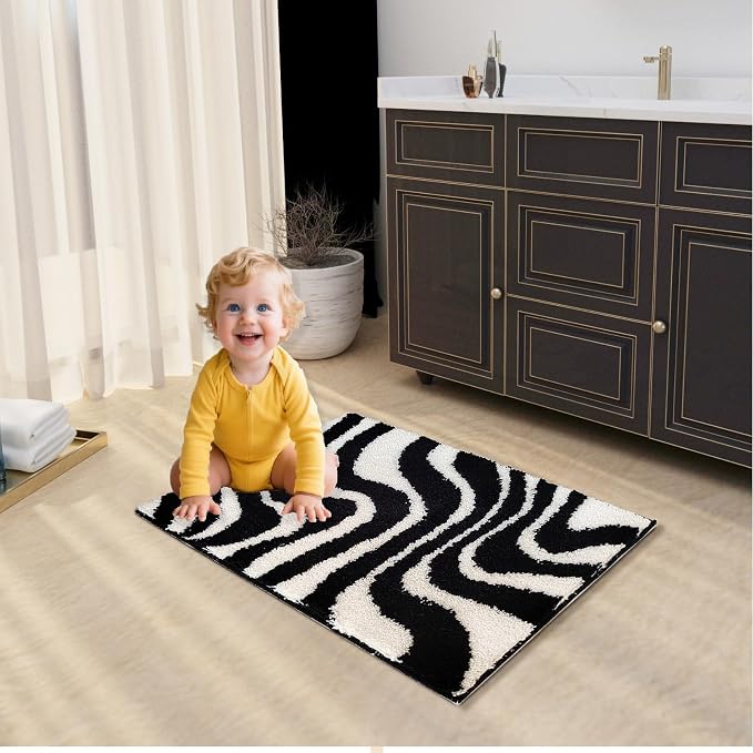 Civkor Black and White Bathroom Rug, Microfiber Bath Mat for Bathroom, Bath Mat with Non Slip TPR Backing, Machine Washable Quick Dry 20x31Inch Rug for Floor, Shower, Sink