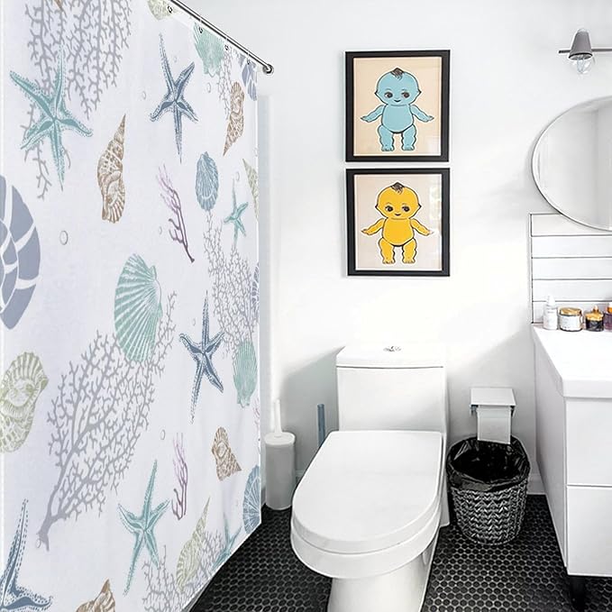 Nautical Coastal Shower Curtain,Summer Coral Starfish Seashell Blue Ocean Beach Shower Curtains for Bathroom Waterproof Polyester Fabric Bathroom Curtain with Hooks,72x72Inch
