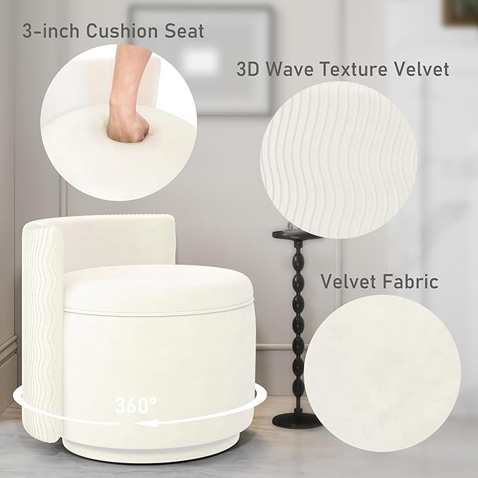 360° Swivel Accent Chair with Storage, Vanity Stool with Back, Velvet Storage Ottoman, Upholstered Round Barrel Vanity Chair for Living Room, Makeup Room, Bedroom (Off White)