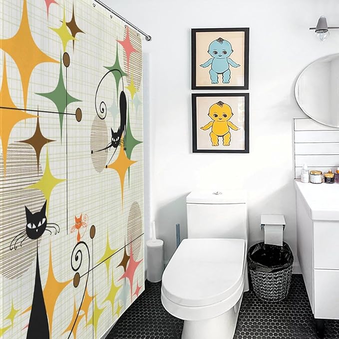 Mid Century Modern Shower Curtain for Bathroom, Rustic Star Abstract Geometric Black Cat Atomic Kittey Pastel Vintage 1950s 1960s Waterproof Fabric Shower Curtain Set with Hooks, 72"x84"