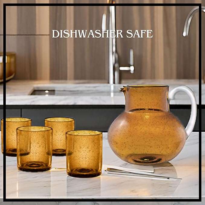 ARTLAND Iris 90oz Hand Blown Pitcher & Double Old Fashion 14oz Glasses (Set of 4) - Lead-Free Bubble Shape Glassware for Stylish Serving and Dining - Kitchen Essential & Table Decor (Amber)