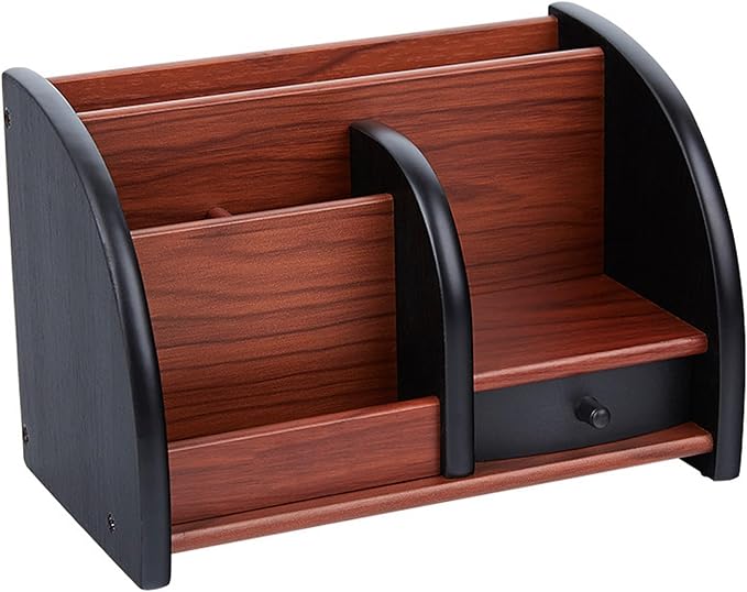 Wood Desk Organizer, Walnut Brown Table Top Organizer, Handcrafted Wooden Desktop Storage for Pens, Office Supplies, and Small Items Wood Desk