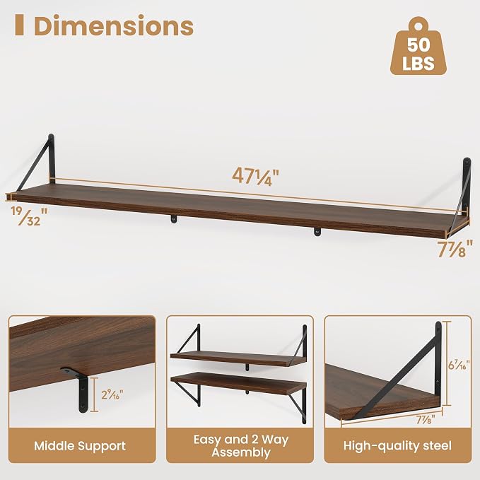 Heimlove Floating Book Shelves for Wall,47.2 Inches Long Wall Mounted Bookshelves,Heavy Duty Bracket Shelves for Living Room Kitchen,Laundry Room Storage & Decor,Set of 3,Walnut