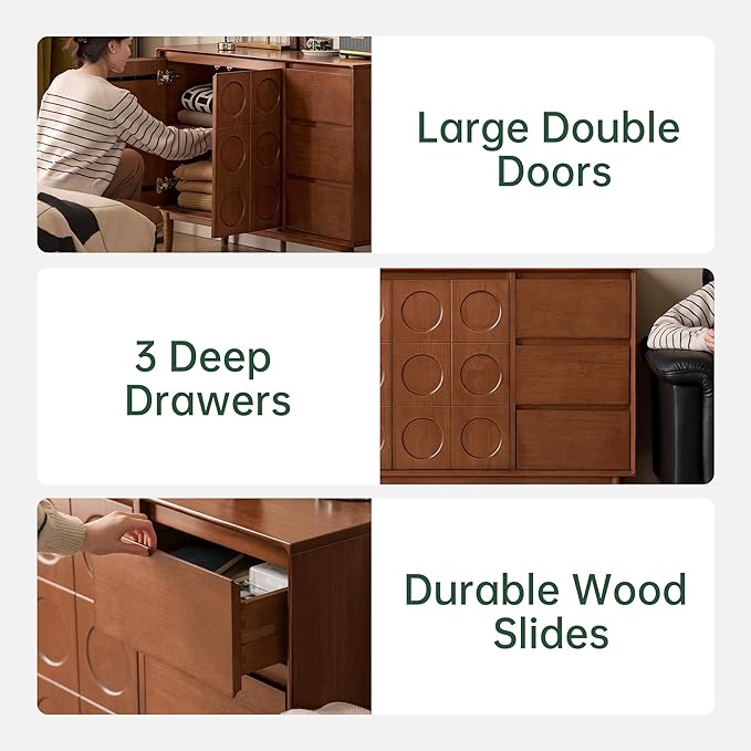 YESWOOD 100% Solid Rubberwood Sideboard Buffet Cabinet, 47'' Vintage Storage Cabinet with 3 Drawers & 2 Relief Wood Doors for Kitchen, Dining, Living Room, Teak