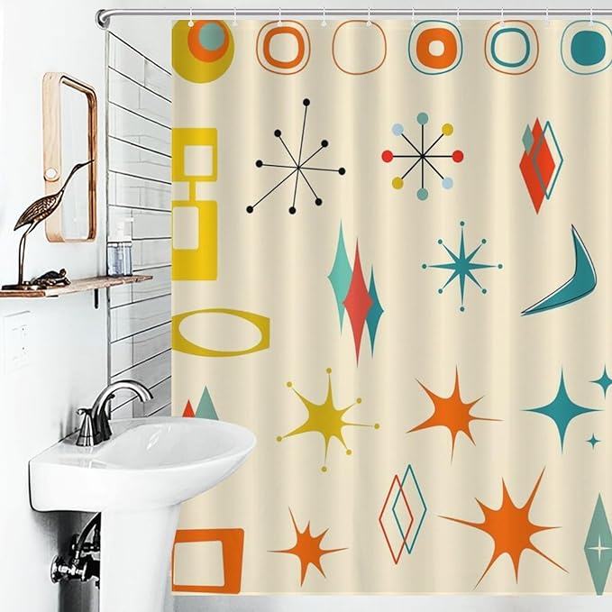 Mid Century Modern Shower Curtain,Vintage Iconic Atomic Modern Retro Space Abstract Geometric Fabric Bathroom Decor Curtains with Hooks 66x72in（168x183cm）