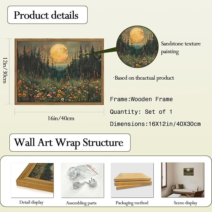 Vintage Forest Moon Wall Art, Nature Pine Tree Woodland Wall Decor Paintings, Dark Cottagecore Landscape 3D Textured Hand Drawn Sandstone Artwork for Bedroom Living Room 12x16 inch Wood Framed