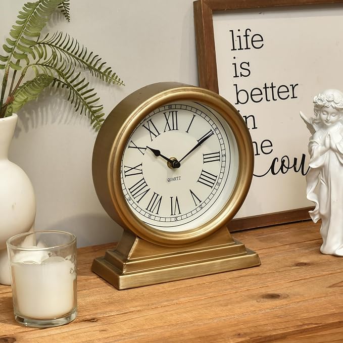 EMAX HOME Vintage Gold Mantle ClockTable for Living Room Decor Table Clock Decorative Battery Operated Table Top Shelf Clock