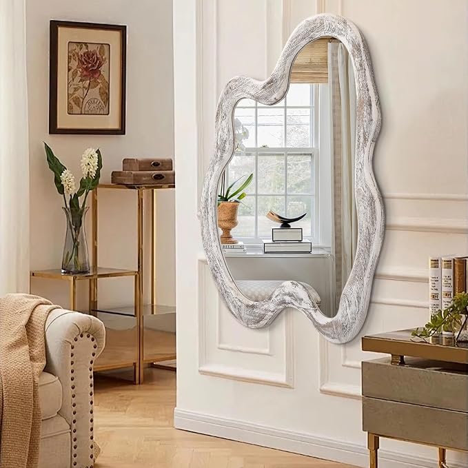 AAZZKANG Irregular Wooden Wall Mirror 32"x24" Large Asymmetrical Mirror Decorative Vintage Irregular Mirror for Bedroom Living Room Entryway