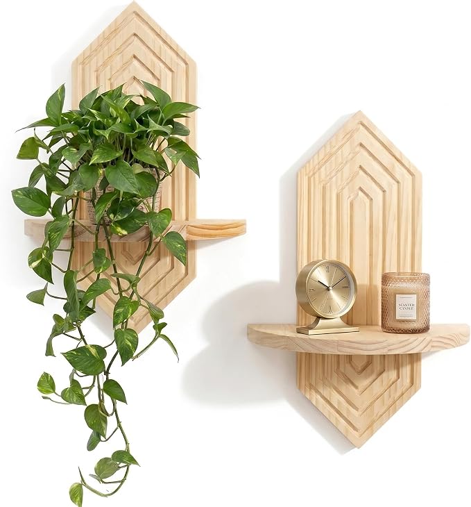 2 Pcs Floating Shelves for Wall, Pine Wood Boho Wall Decor, Mid Century Modern Decor Plant Wall Shelf, Vertical Wall Plant Holder,for Living Room,Bedroom，Nursey Room (Natural)